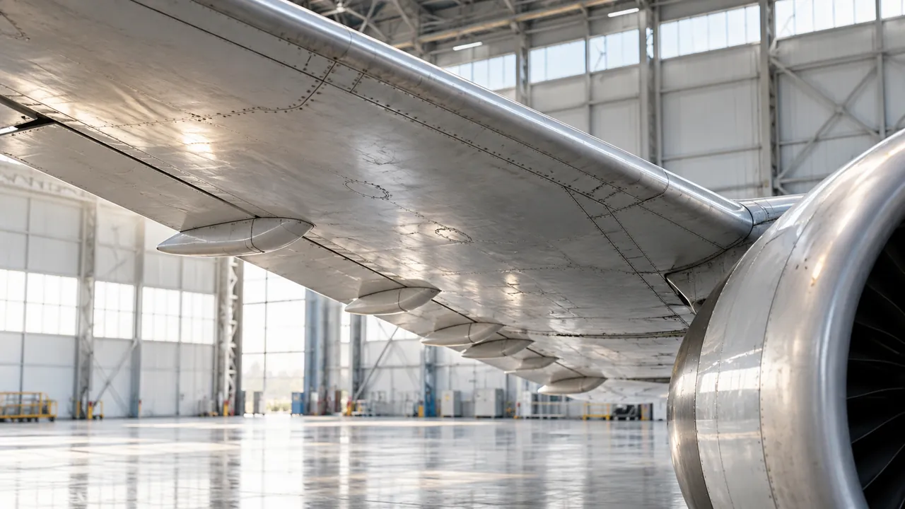 Editorial illustration of an aircraft wing and engineering details inside a hangar.