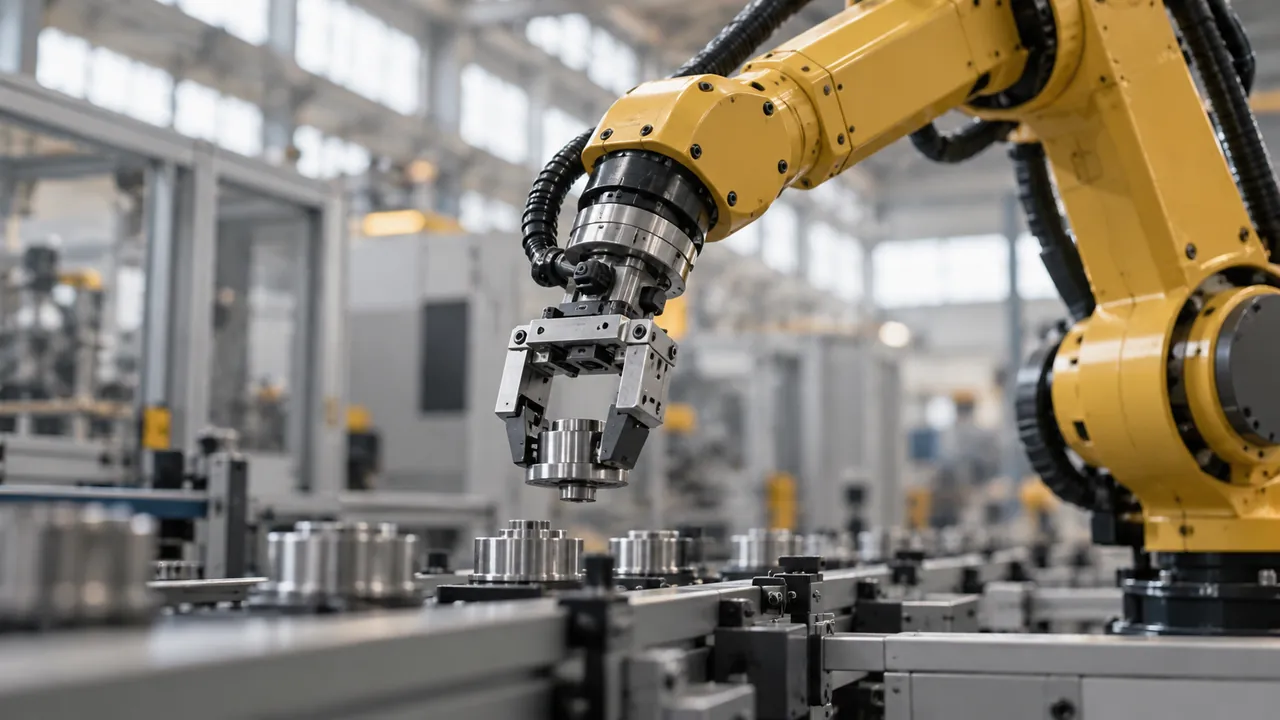 Editorial illustration of an industrial robotic arm on a production line.